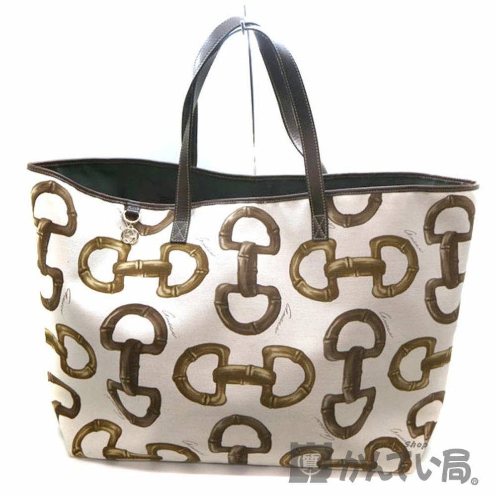 GUCCI Tote Bag Leather Canvas Brown White